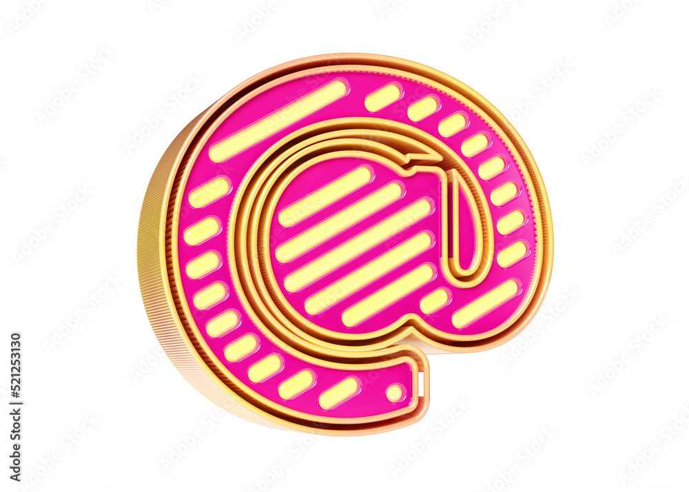 At-email symbol in magenta and golden yellow color combination. Eye-catching neon stripes lettering suitable for headers, posters, ads or web projects. High quality 3D rendering.