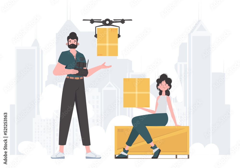 Delivery theme. The drone is transporting the parcel. Man and woman with cardboard boxes. Vector. Delivery theme. The drone is transporting the parcel. Man and woman with cardboard boxes. Vector.