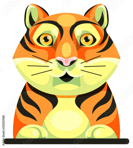 Tiger. Color image. The character rests on his paws. Sticker. Vector.
