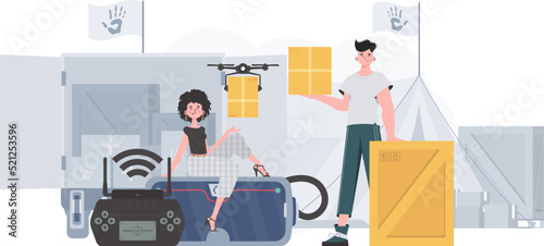 Humanitarian aid concept. The quadcopter is transporting the parcel. Man and woman with cardboard boxes. Vector.