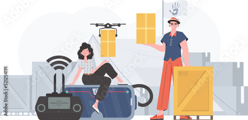 The theme of humanitarian aid. The quadcopter is transporting the parcel. Man and woman with cardboard boxes. trendy style. Vector illustration.