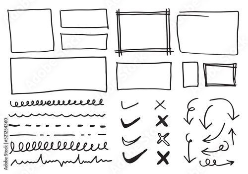 Doodle vector lines and curves.Hand drawn check and arrows signs. Set of simple doodle lines, curves, frames and spots. Collection of pencil effects. Doodle border. Simple doodle set.