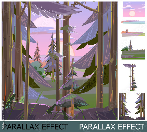 Lilac twilight before sunrise. End of night in dense pine forest. Image from layers for overlay with parallax effect. Morning or evening landscape in nature. Illustration in cartoon style. Vector.