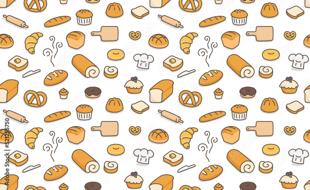 many kinds of bread seamless pattern Gift Wrap wallpaper background kawaii doodle flat cartoon vector illustration many kinds of bread seamless pattern Gift Wrap wallpaper background kawaii doodle flat cartoon vector illustration