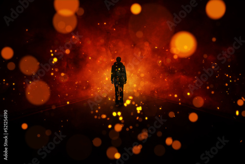 Silhouette of a man at dangerous night road with fire flames and sparks.