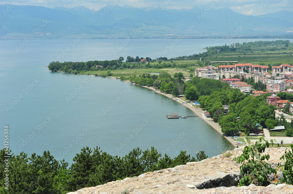 View from Samuel's Fortress overlooking lake Ohrid in Macedonia on a sunny summer day.Mountains in the background.
