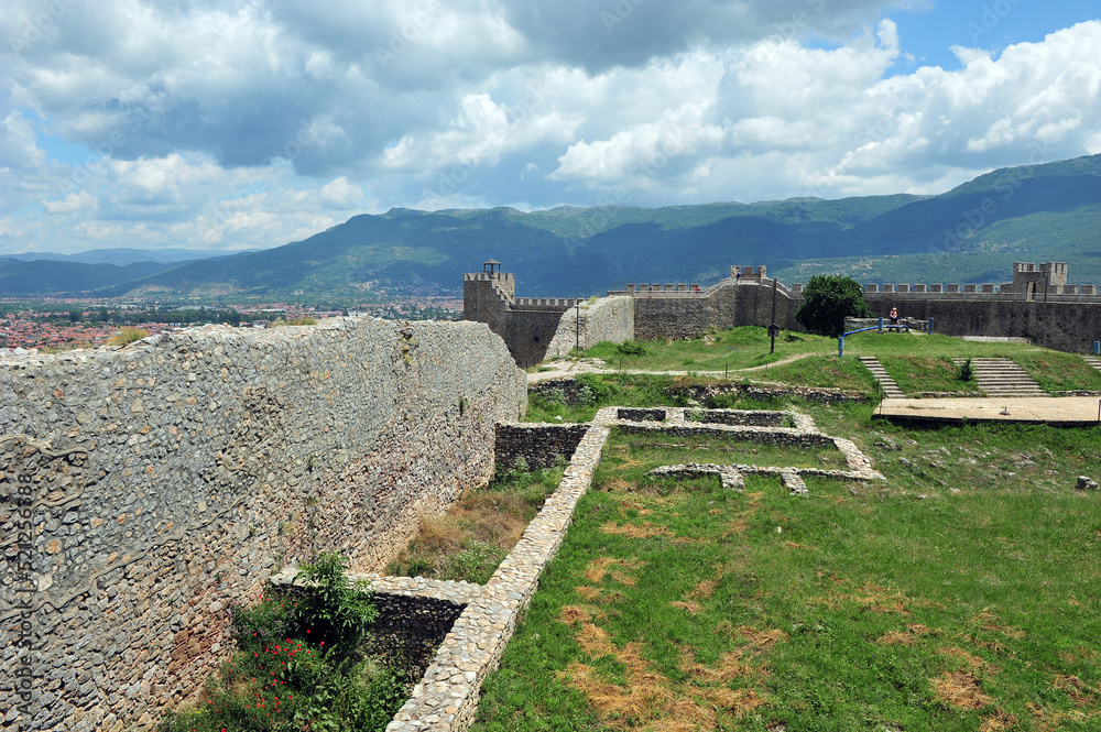 Samuel's Fortress on a sunny summer day.  The city of Ohrid, Macedonia partly visible in the distance. Horizontal photo.