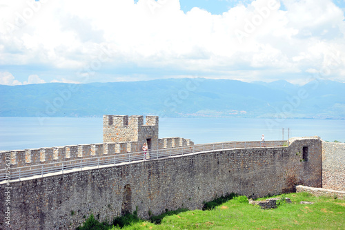View from Samuel's Fortress overlooking lake Ohrid in Macedonia on a sunny summer day. Copy space in upper left corner.