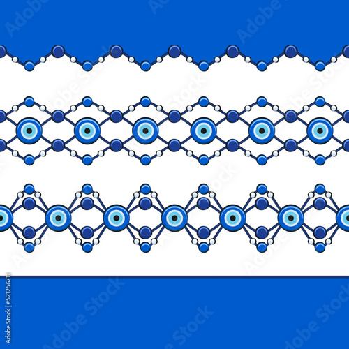 Set of horizontal seamless patterns with eye of fatima and beads. Vector illustration.