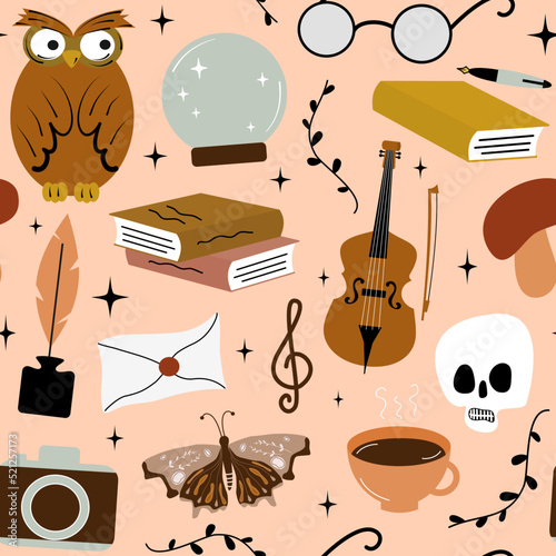 cute cartoon colourful seamles vector pattern background illustration with dark academia vintage elements collection