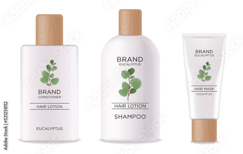 Cosmetics lotion bottle set. White bottle cosmetic and wood design. Realistic hair lotion set.  Eucalyptus cosmetics collection isolated on white background