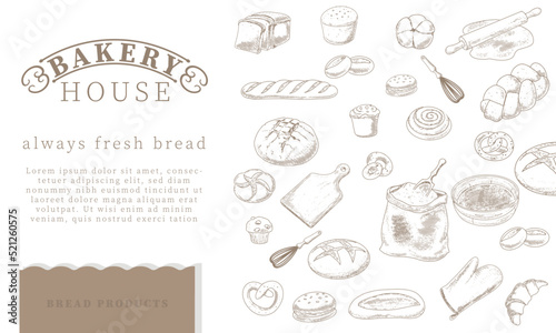 Vintage bread menu design template, cookies and bread doodle sketch. Bakery hand drawn poster. Baking, bakery shop, cooking, sweet products, dessert, pastry.