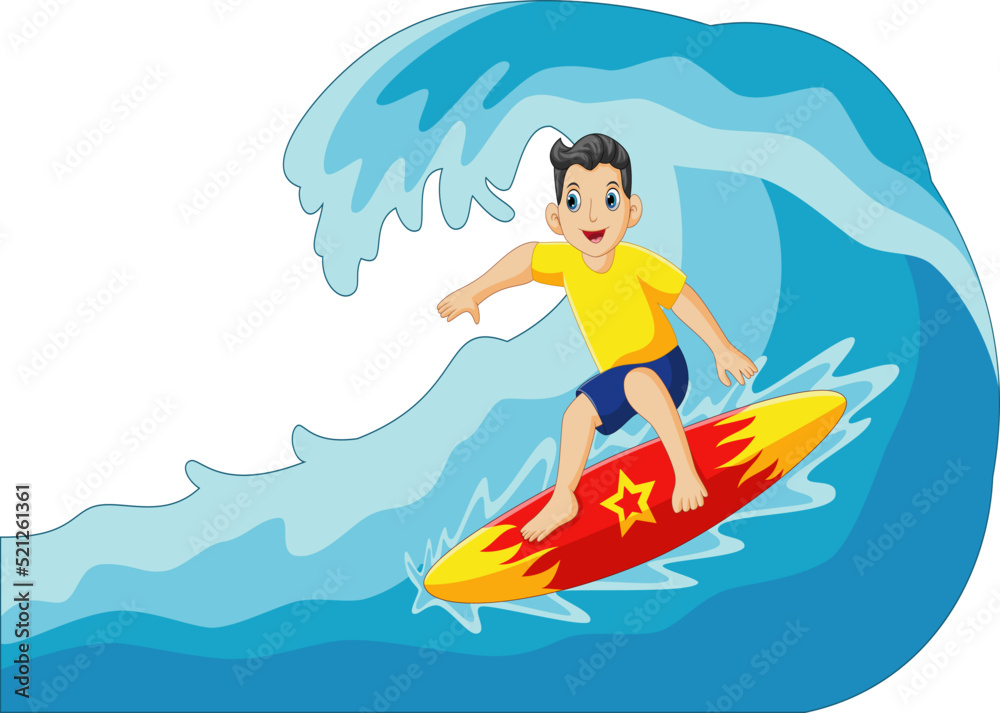 Boy surfing in the sea. Vector illustration