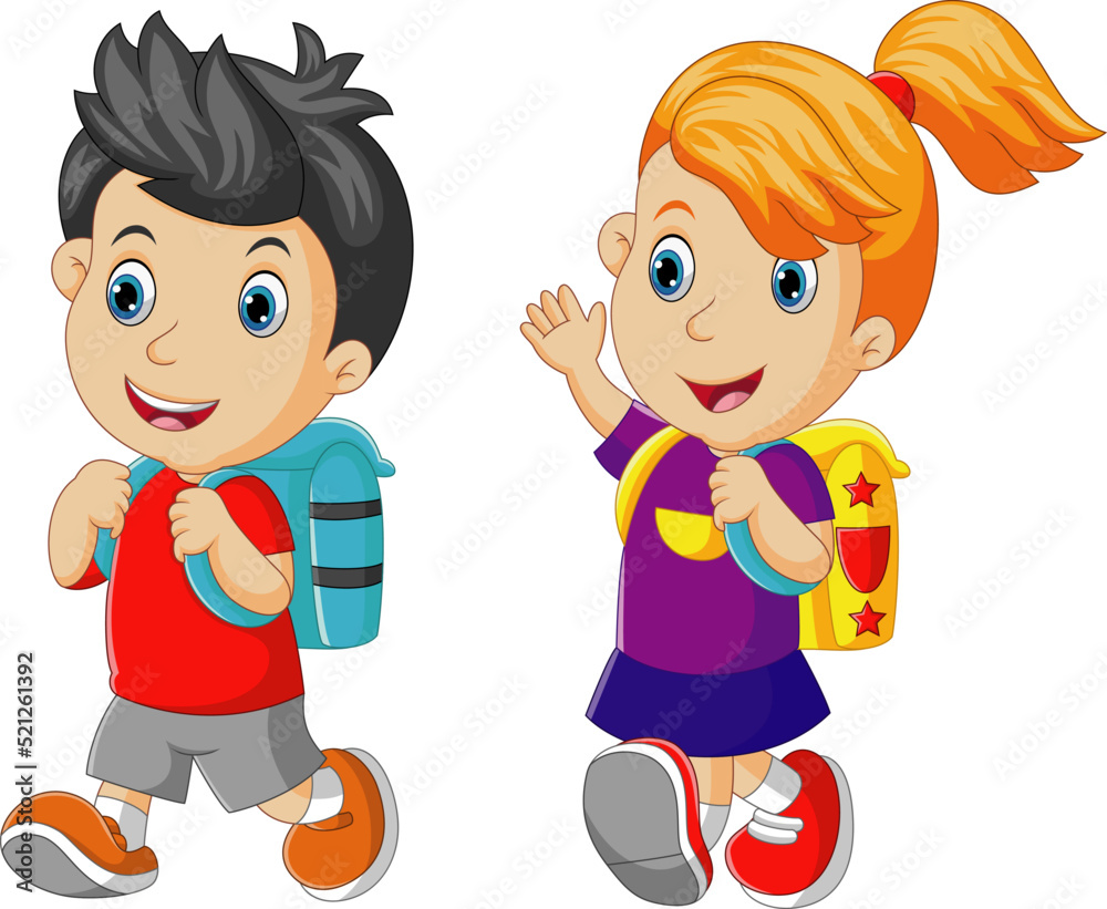 Boy and girl are walking carrying bags. Vector illustration Boy and girl are walking carrying bags. Vector illustration