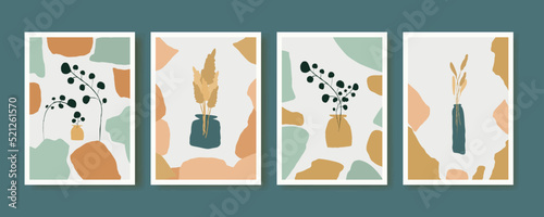 Abstract contemporary arts background with geometric balance shapes, Wild herbs in a vase and stones for wall decoration, postcard or brochure cover design. Vector illustrations design