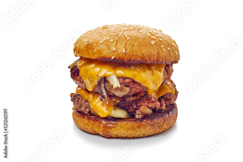 Oklahoma style burger with double patties and fried onion on white background