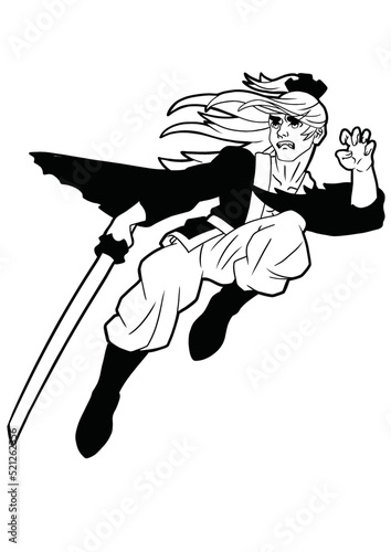 A samurai guy in a jump holds a katana in his hand his long hair flutters in the wind.drawn in a cartoon style of japanese comics anime and manga outline drawing coloring book with shadows