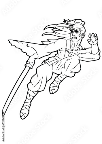A samurai guy in a jump holds a katana in his hand his long hair flutters in the wind.drawn in a cartoon style of japanese comics anime and manga outline drawing coloring book