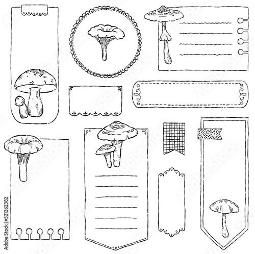 Digital note papers and stickers for digital bullet journaling or planning. Hand-drawn vector mushrooms set. Line art. Ready to use blank sticky notes.