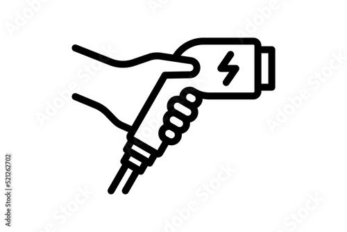 Hand holding electric charger connector linear black icon. Electrical transportation charging plug symbol. Eco friendly electro vehicle charge sign. Eps battery powered EV transport station eps logo