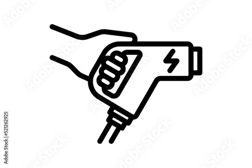 Hand holding electric charger connector linear black icon. Electrical transportation energy charging plug symbol. Eco friendly electro vehicle charge sign. Battery powered EV transport station logo