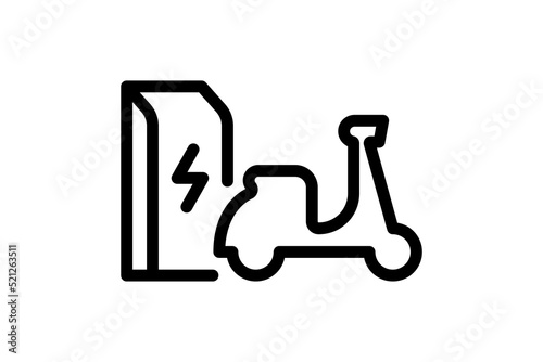 Electric motorbike charging in charger station linear icon. Electrical moped energy charge black symbol. Eco friendly electro motorcycle recharge sign. Vector eps battery powered EV transportation
