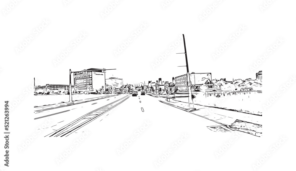 Building view with landmark of Niagara Falls is the 
city in Canada. Hand drawn sketch illustration in vector. 