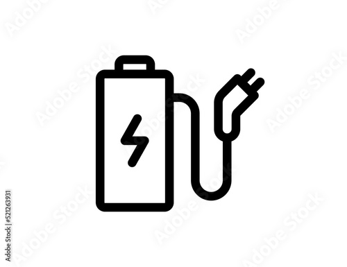 Rechargeable battery with cord and electric charging connector linear black icon. Accumulator charger plug symbol. Electricity equipment power bank charge sign. Vector eps design element