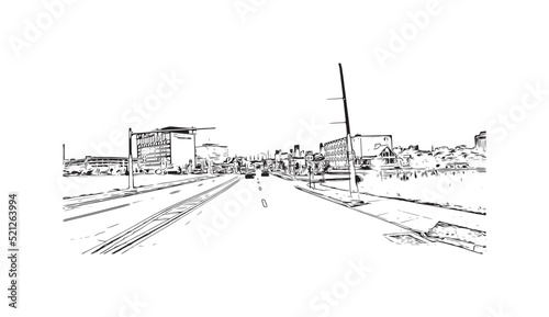 Building view with landmark of Niagara Falls is the city in Canada. Hand drawn sketch illustration in vector. 