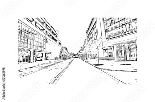 Building view with landmark of Niagara Falls is the city in Canada. Hand drawn sketch illustration in vector. 