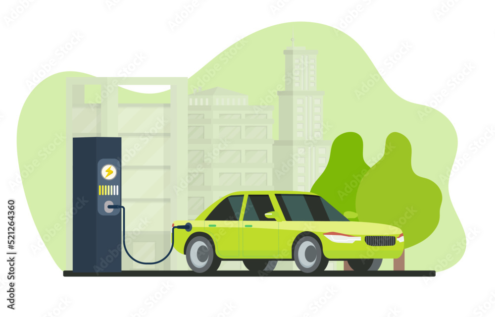  Electric vehicle charging at charging station on the background green city. EV charging point. The car gets power from the battery. Vector illustration Eps10.