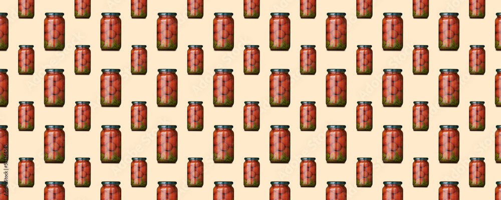 Seamless pattern of glass jars big and small with canned tomatoes is isolated on yellow background. Seamless pattern of glass jars big and small with canned tomatoes is isolated on yellow background.