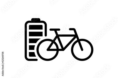 Electric bicycle fully charged battery energy indicator black linear icon. Electrical transportation bike accumulator charger symbol. Electro charging cycle. Eco friendly transport recharge eps sign