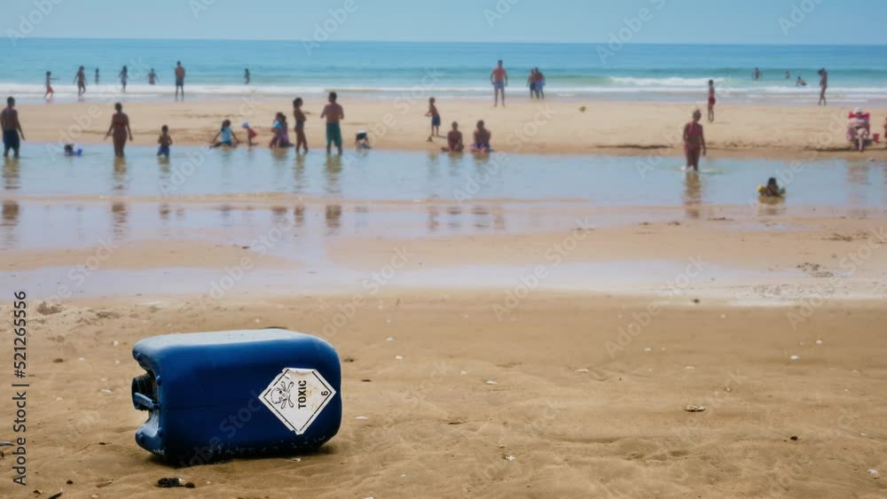 Toxic Waste Sand Beach People Vacation Shore Environment Trash. Toxic