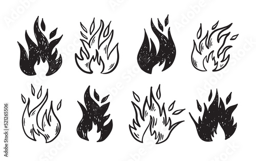 Bonfire set, hand drawn illustration, flame, burning.	
