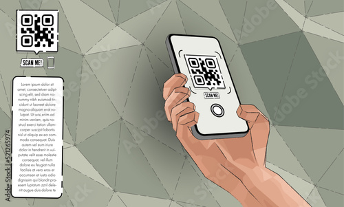 Vector cartoon hand holding the black smartphone with a QR code on the camera app and scan me banner - modern smartphone frameless design - template for mobile app or internet shop link