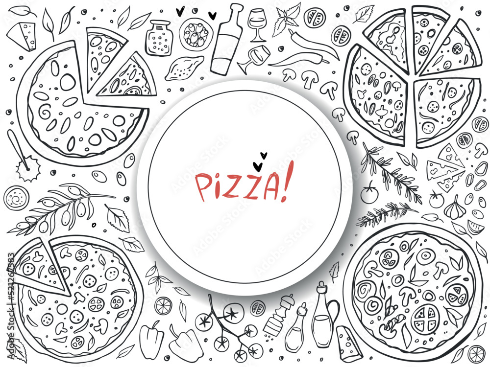Pizza and ingredients isolated on white background. Doodle. Vector illustration. Perfect for food menu design template.