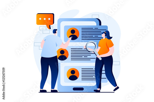 Employee hiring process concept with people scene in flat cartoon design. Man and woman looking for candidates for open vacancy and choosing new employee. Illustration visual story for web