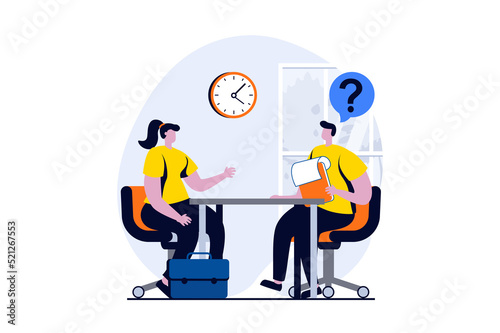 Employee hiring process concept with people scene in flat cartoon design. Woman candidate talking to HR manager for job interview i office. Human resources. Illustration visual story for web © alexdndz