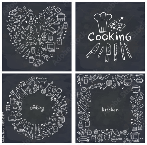Set of doodle kitchen tools on chalkboard. Vector illustration. Perfect for wallpaper, pattern fills, textile, web page background, surface textures.