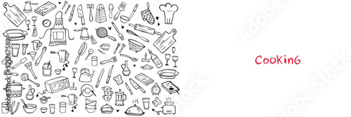 Banner - Set of doodle kitchen tools on white background. Doodle kitchen equipments. Vector illustration. Can be used for wallpaper, pattern fills, textile, web page background, surface textures.