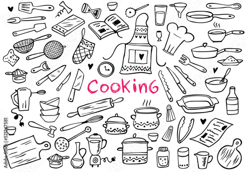 Set of doodle kitchen tools on white background. Doodle kitchen equipments. Vector illustration. Can be used for wallpaper, pattern fills, textile, web page background, surface textures.