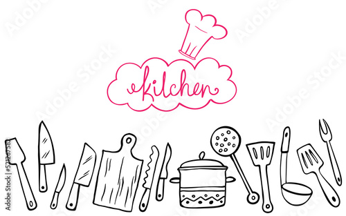 Set of doodle kitchen tools on white background. Doodle kitchen equipments. Vector illustration. Can be used for wallpaper, pattern fills, textile, web page background, surface textures.
