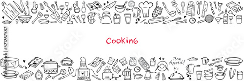Banner - Set of doodle kitchen tools on white background. Doodle kitchen equipments. Vector illustration. Can be used for wallpaper, pattern fills, textile, web page background, surface textures.