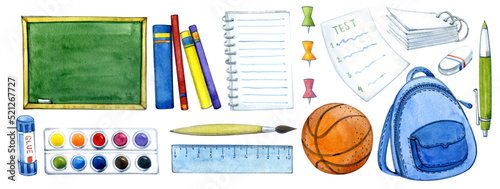 Clip art school supplies. Painted with watercolor paints: blackboard, notebooks, textbooks, rulers, backpack, paints, basketball, etc. Back to school.