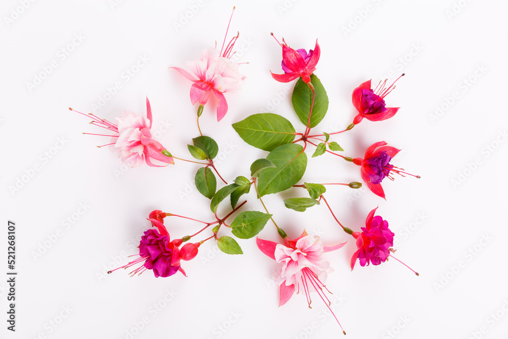 Naklejka premium Flat lay holiday set with pink, purple fuchsia flowers on white background, top view.