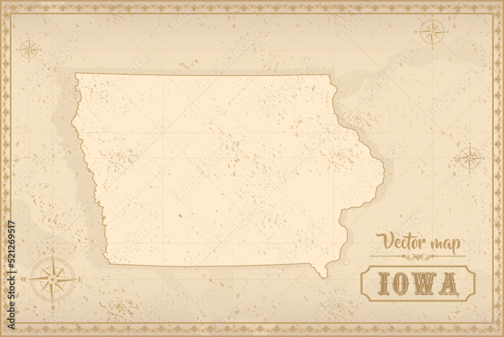 Map of Iowa in the old style, brown graphics in retro fantasy style