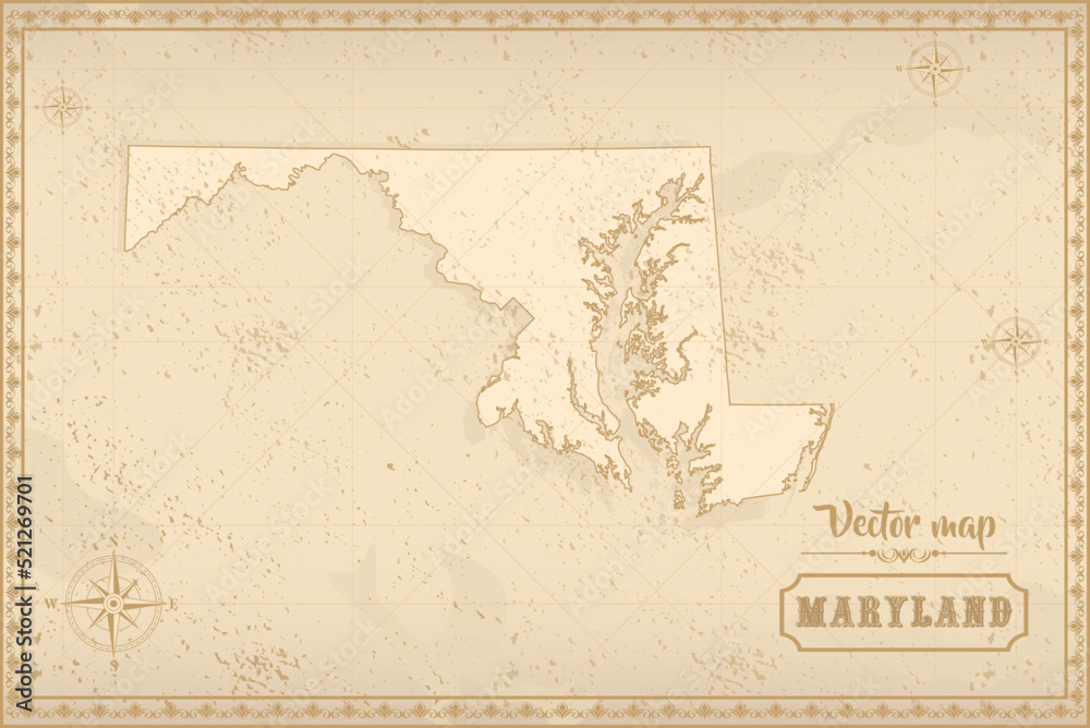 Map of Maryland in the old style, brown graphics in retro fantasy style