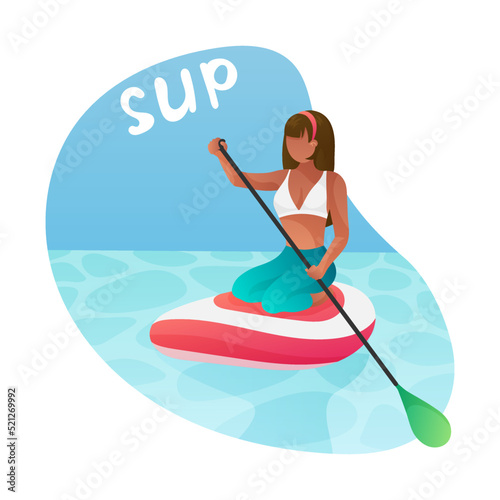 Poster with young woman, girl in beachwear swimming on sup board with paddle. Stand Up Paddle. Hobby SUP surfing, touring, downwind, racing. Vector illustration isolated on white background.
