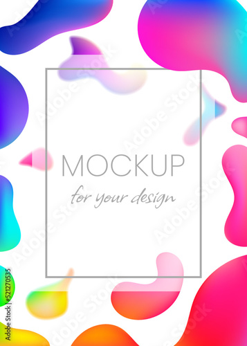 Trendy rainbow summer flow lava shapes gradient background, colorful abstract fluid 3d tubes. Mockup with white frame. Futuristic design for presentation, advertising, banner, cover, flyer, poster